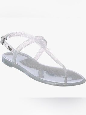Stuart Weitzman Sallie T-Strap Clear Silver Glitter Jelly Flat Sandals 7.5